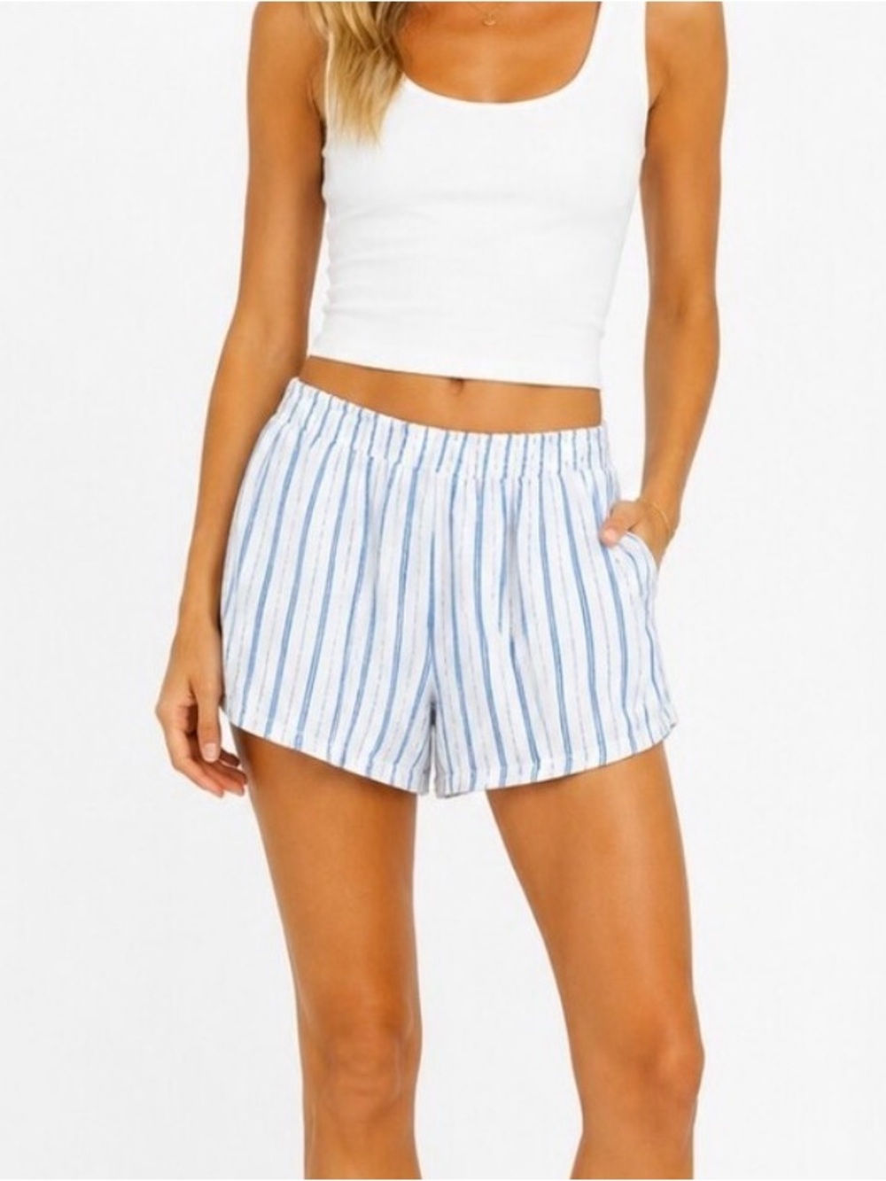 Aerie White Blue-Striped Lounge Linen Blend‎ Shorts Striped Size Medium Pockets